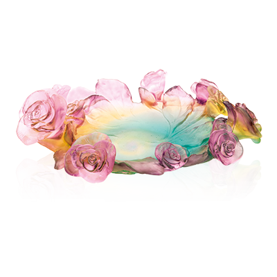 Daum Green And Pink Bowl Rose Passion