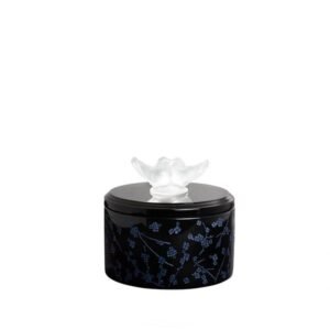 Lalique Fleurs De Cerisier Box, Medium Size Clear Crystal, Black And Minight Blue Lacquered Wood