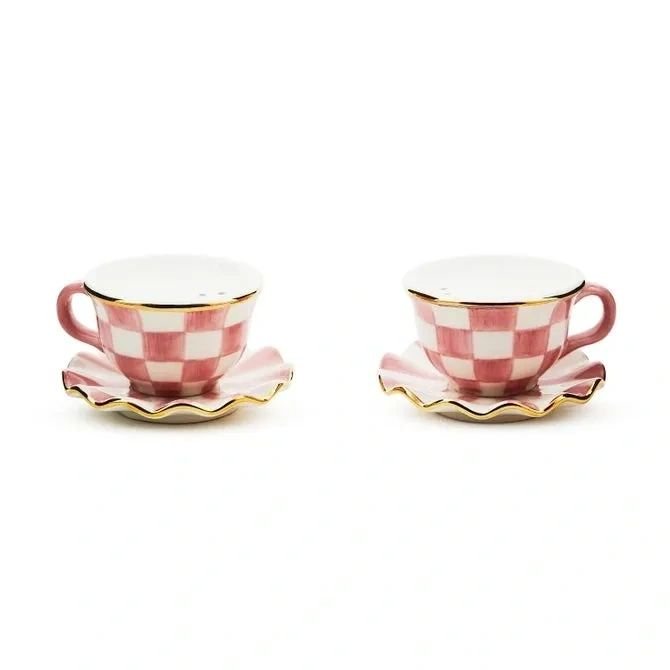 Mackenzie-Childs Rosy Check Teacup Salt & Pepper Set