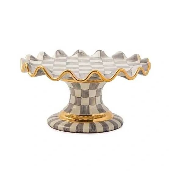Mackenzie-Childs Sterling Check Ceramic Fluted Cake Stand