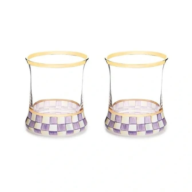 Mackenzie-Childs Violet Check Tumbler Glass, Set of 2